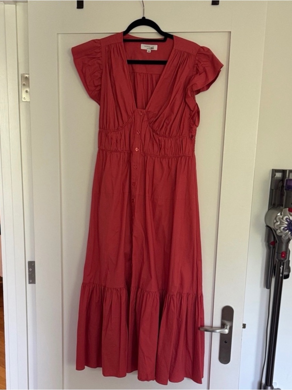 Derek Lam 10 Crosby Greta Button-Front Pleated Ruffled Sleeve Midi Dress